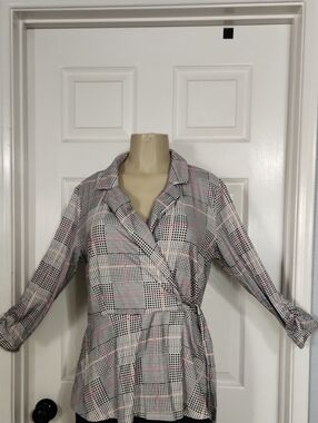PerSeption Concept Plaid Wrap Blouse - Pink, Black, White